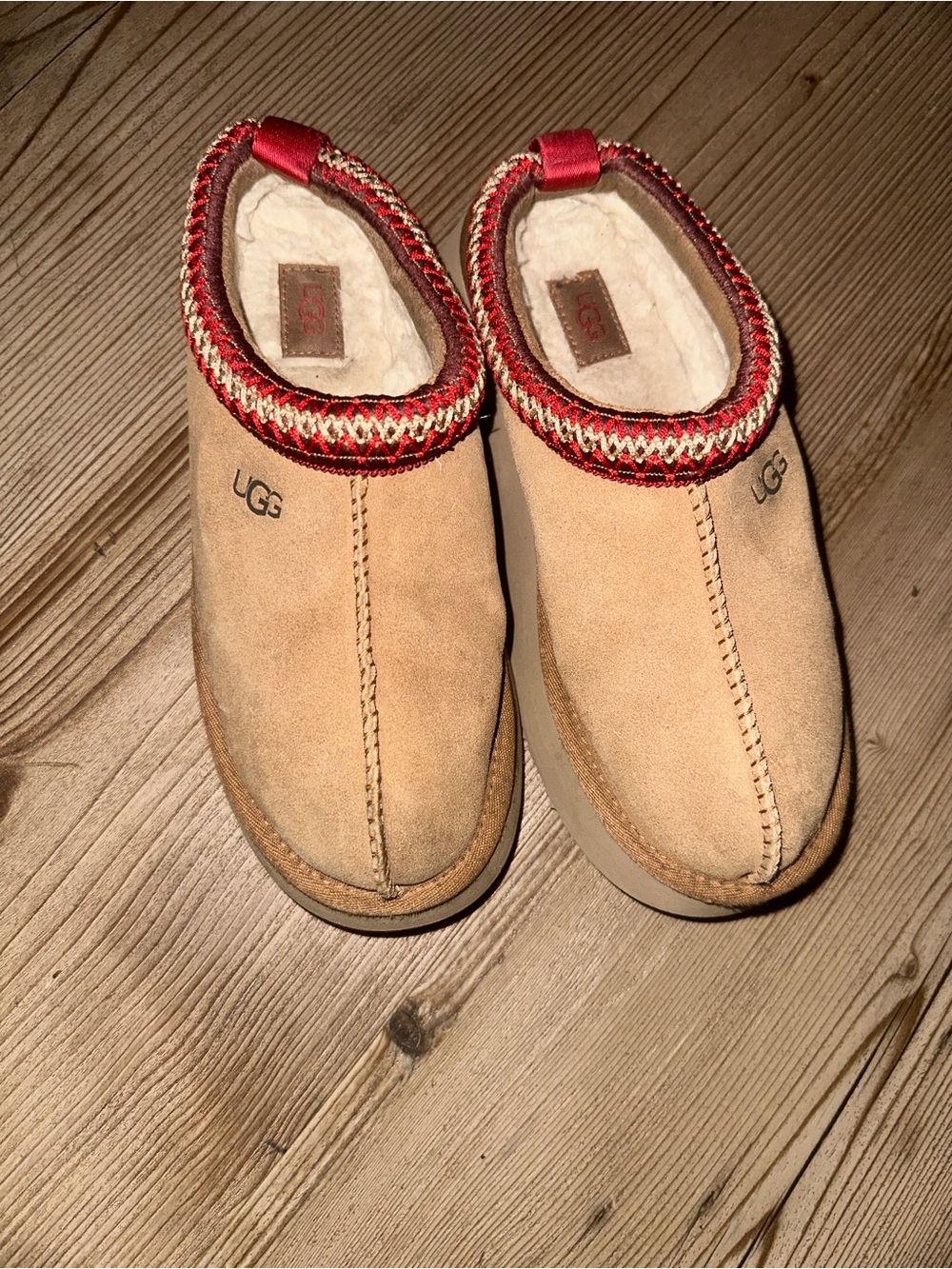 UGG Slip-On Shearling-Trim Suede Loafers - Tan with Red Accent